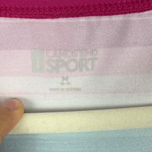 Land's End Sport Vibrant Colorful Pink Orange Teal Striped Short Sleeve Tee M - Picture 3 of 10